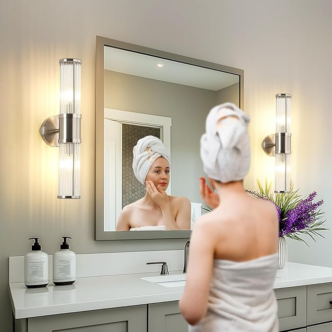 JOOSENLUX Bathroom Sconces Set of 2 Brushed Nickel Wall Sconce Light Fixtures with E12 Base and Glass Rod Design – Modern Vanity Light Fixture for Bathroom, Powder Room, Bedroom, Hallway