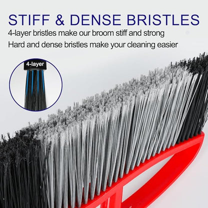 Outdoor Heavy Duty Broom, 15.7" All-Terrain Sweeper Featuring a Wide Angle Broom Design, Long Handle & Powerful Stiff Bristles for Patio, Garden, Garage, Yard (Red)