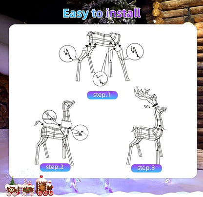 Outdoor Christmas Decorations Deer Family - HOYECHI 3-Piece Lighted Prismatic Reindeer with 465 LED Lights - Outside Yard Decor Kit, Stakes, Zip Ties - Iridescent