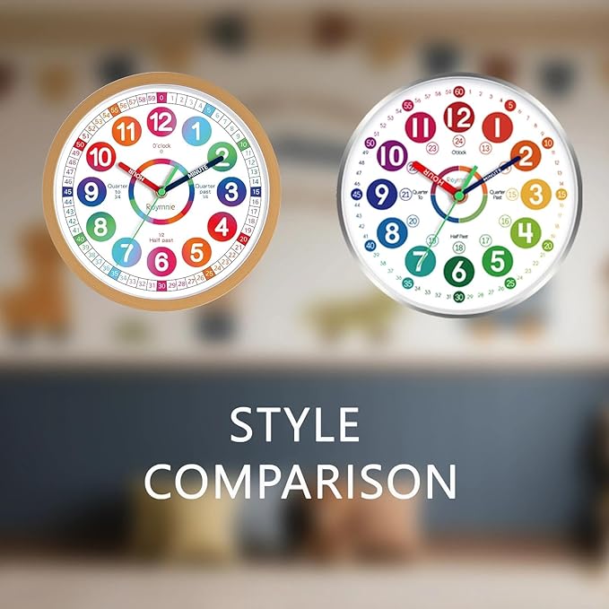 Wall Clock for Kids Learning - Teaching Time Wall Clocks Battery Operated Silent Non Ticking - Analog Colorful Clock Decorative for Kids Room Classroom School(12 Inch&Silver)