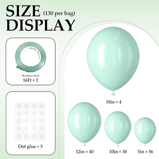 130PCS PastelGreen Balloons, Latex Balloons Different Sizes 18/12/10/5 In, Helium Balloons with Ribbon, Party Balloon Set for Birthday Wedding Graduation Anniversary Baby Shower Decoration