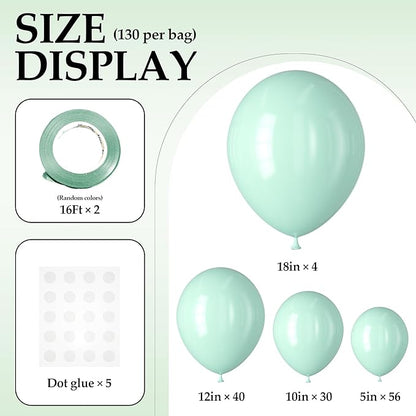 130PCS PastelGreen Balloons, Latex Balloons Different Sizes 18/12/10/5 In, Helium Balloons with Ribbon, Party Balloon Set for Birthday Wedding Graduation Anniversary Baby Shower Decoration