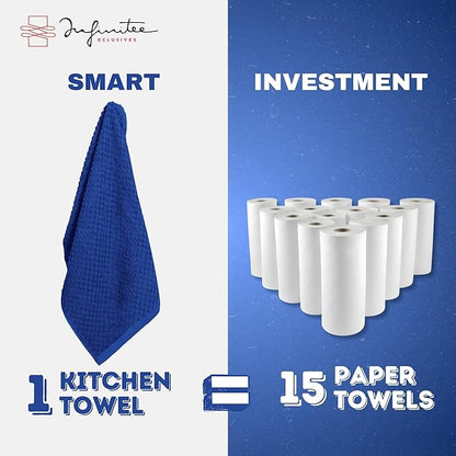Infinitee Xclusives Premium Kitchen Towels – Pack of 3, 100% Cotton |15 x 25| Inches Absorbent Dish Towels - Terry Kitchen Dishcloth Towels - Blue Dish Cloth for Household Cleaning