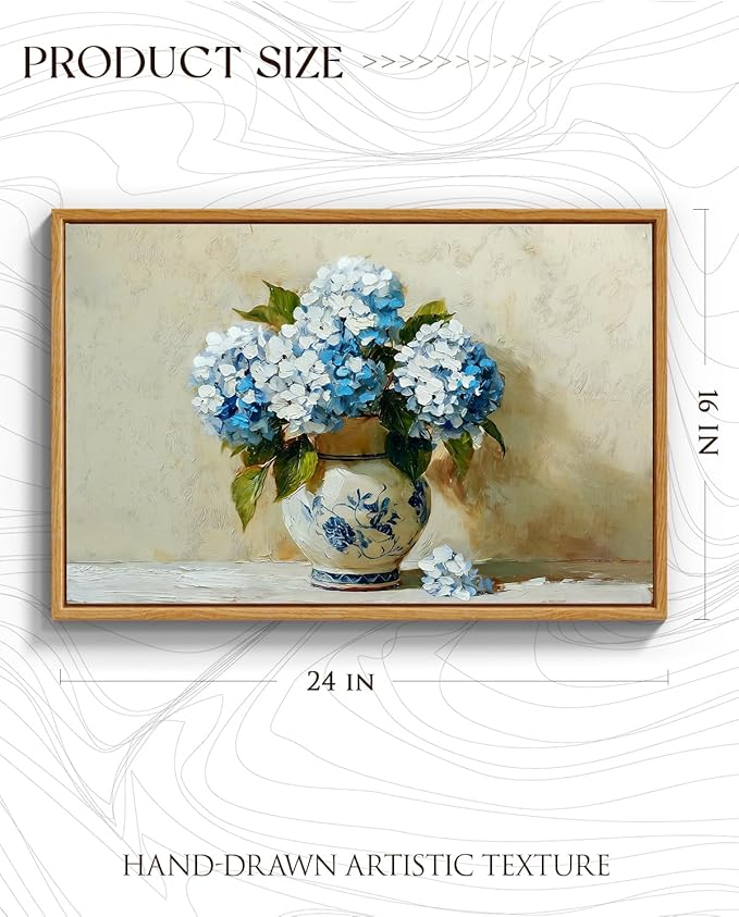InSimSea Vintage Framed Canvas Art, Vintage Blue Hydrangea Painting, Hand-Painted Floral Textured Artwork for Dining Living Room Hallway,16x24in,Classical Still Life Wall Shelf Decor Aesthetic