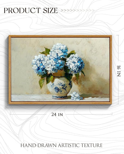 InSimSea Vintage Framed Canvas Art, Vintage Blue Hydrangea Painting, Hand-Painted Floral Textured Artwork for Dining Living Room Hallway,16x24in,Classical Still Life Wall Shelf Decor Aesthetic