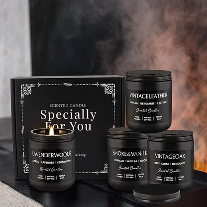 4Psc Scented Candles Set,7oz Gifts for Men Aromatherapy,Soy Candle of Smokeless - Leather & Smoke, Vanilla Oakmoss, Lavender - Relaxing Fragrance for Home, Office, Yoga(Black)