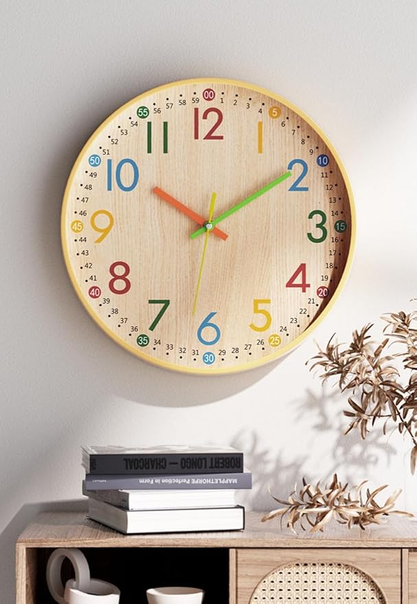 MO-N Silent 12-Inch Wall Clock, Non-Ticking Battery Operated Colorful Clock for Classroom, Bedroom, School, Analog Wall Clock for Time Teaching. (A Type)