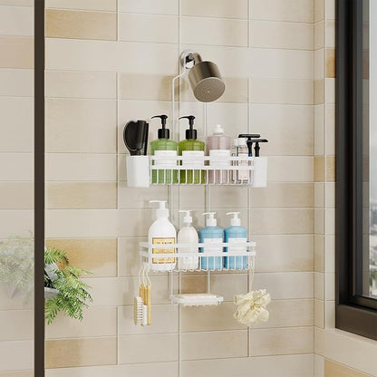 Shower Caddy Hanging for Bathroom Organizers and Storage, Adjustable Anti-Swing Shower Organizer for Wall-Mounted Showerhead with Heavy-Duty Suction Cups, Damage-Free Rustproof (White)