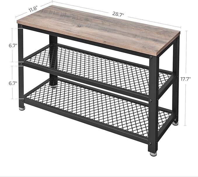 VASAGLE, 3-Tier Shoe Rack, Shelf Storage Bench with Metal Mesh Shelves and Seat, Free Standing Shoe Organizer for Entryway, 11.8 x 28.7 x 17.7 Inches, Greige and Black ULBS73MB