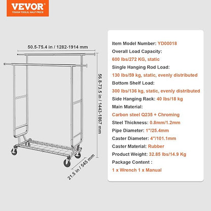 VEVOR Clothes Rack, Rolling Clothing Garment Rack, Extendable Carbon Steel Clothing Racks with Wheels for Bedroom, Laundry, Living Room