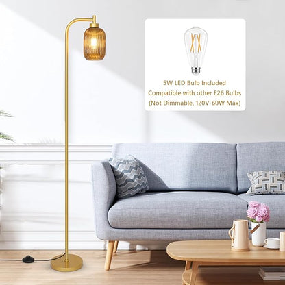 Glass Floor Lamps for Living Room, Vintage Gold Standing Lamp with LED Bulb, Amber Stripe Glass Shade, Foot Switch, Mid Century Modern Brass Tall Corner Lamp for Bedroom Office Reading Room