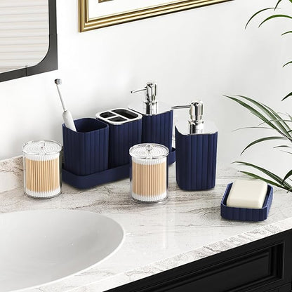 Bathroom Set with Shower Curtain and Rugs- 25PC Bathroom Accessory Set, Navy Blue Shower Curtain Set, Toilet Brush, Trash Can, Qtip Holder Dispenser & Soap Dispenser