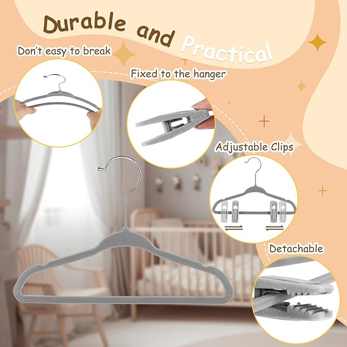 Soaoo 50 Pcs Baby Velvet Non-Slip Hangers with Clips,100 Clips for Pants & Skirts, Space-Saving Kids Children Clothes Hangers for Nursery Closet Organization(Grey)
