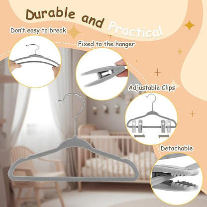 Soaoo 50 Pcs Baby Velvet Non-Slip Hangers with Clips,100 Clips for Pants & Skirts, Space-Saving Kids Children Clothes Hangers for Nursery Closet Organization(Grey)