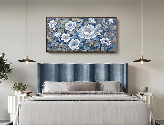ARTZON Framed Large Wall Art for Living Room- Modern Blue and White Canvas Art Prints Peony Picture Blossom Flower Botanical Elegant Horizontal Artwork Relaxing Women Bedroom Office 48x24 Inch