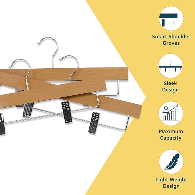 Natural Color Wooden Pants Hangers 10 Pack, Lotus Wood Hanger with Adjustable Non-Slip Clips, Heavy Duty 10 lb Capacity, 360° Swivel Hook, Slim, Space-Saving Design for Slacks, Jeans, Skirts