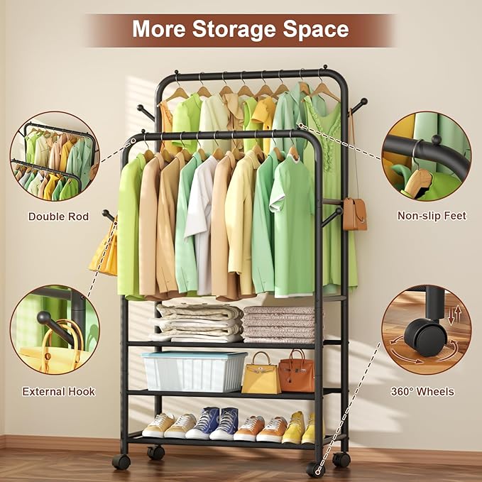 Clothing Racks for Hanging Clothes, Portable Clothing Rack with Wheels Rolling Clothes Racks, Black Garment Racks-3-Tier