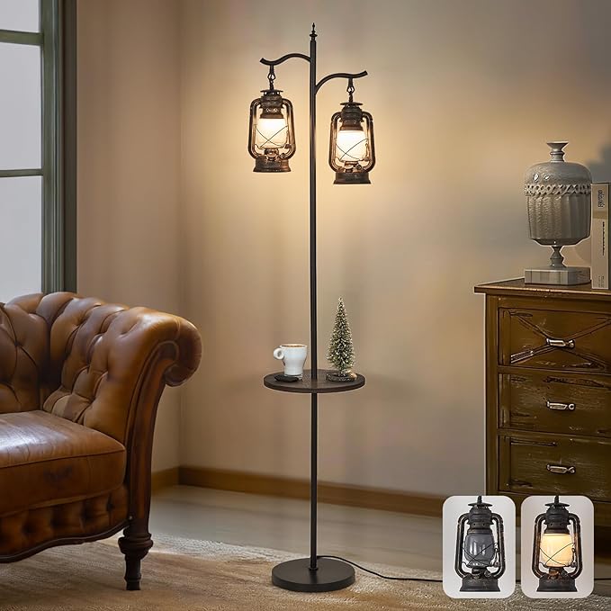 Farmhouse Floor lamp with Table, Double Head Vintage Floor Lantern, Standing lamp for Living Room，Bedroom, Rustic Floor Lamp with Black Brown Finish