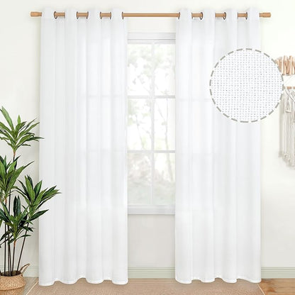YoungsTex White Linen Curtains 84 Inch Length for Living Room, Thick Semi Sheer Drapes with Bronze Grommet Netural Light Filtering Window Treatments for Bedroom Dining, 52 X 84 Inch, 2 Panels