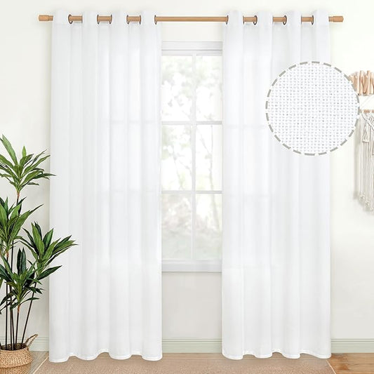 YoungsTex 80 Inch Length White Curtains for Living Room, Linen Semi Sheer Window Treatments Light Filtering with Bronze Grommet for Bedroom Dining Country, 52 x 80 Inch, 2 Panels