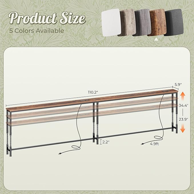 Huuger 110.2 Inch Sofa Table with Power Outlets, 23.9’’-34.4’’ Height Adjustable Range, Behind Couch Table with USB-C Ports, Sofa Tables Narrow Long, Skinny Console Table, Small Spaces, Rustic Brown