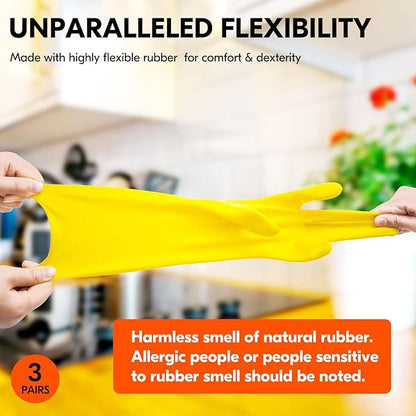 Vgo... 3-Pairs Reusable Household Gloves, Rubber Dishwashing gloves, Extra Thickness, Long Sleeves, Kitchen Cleaning, Working, Painting, Gardening, Pet Care (Size M, Yellow, HH4601)