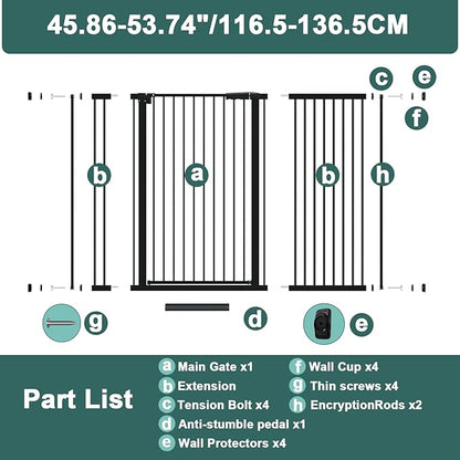 40.55" Tall 1.37" Ultra Narrow Spacing Dogs Pets Baby Gate for Doorway Safety Proof Indoor 53.74-61.61" Extra Wide Puppy Pressure Mounted No Drill Walk Through Black Metal Hallway
