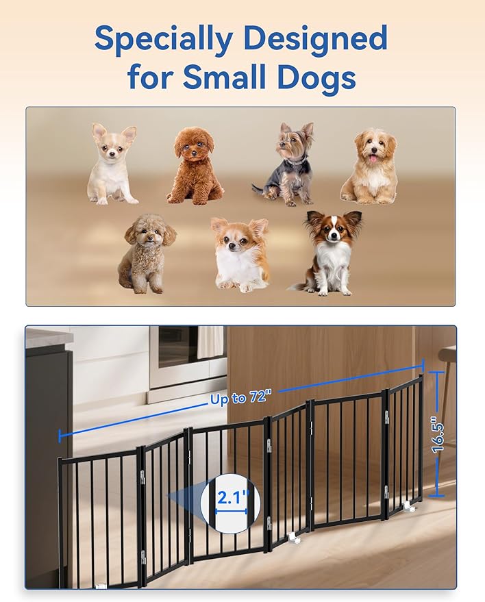 Metal Short Dog Gate, 16.5" High to Step-Over, Free Standing Foldable Pet Gate, Up to 72" Wide Puppy Fence for Stairs and Doorways, Indoor & Outdoor Use, No Drilling and No Assembly, Black