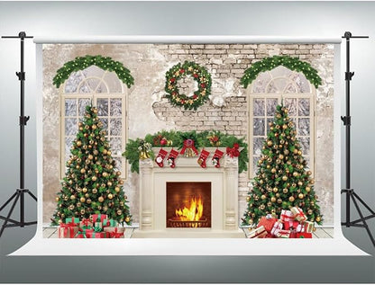 YongFoto Christmas Fireplace Backdrop 10x8ft Room Christmas Trees Red Socks Vintage Wall Photography Background New Year Xmas Eve Family Winter Holiday Party Banner Photoshoot Wallpaper Photo Booth