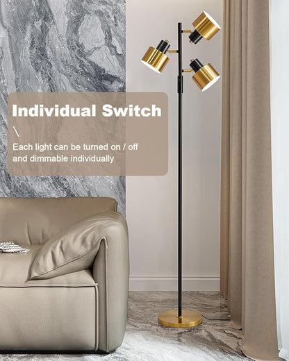 OYEARS Floor Lamp for Living Room Bright Lighting Tall Modern Industrial Vintage Standing Corner Lamps LED Metal Light Office Bedroom Study Gold Black Cream Matte Accent (3-Light, Gold)