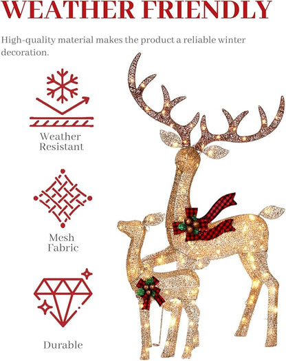 3-Piece Large Lighted Christmas Deer Family Set, Christmas Indoor and Outdoor Decoration with 225 Warm White LED Lights, Ground Pegs, Cable Ties. Suitable for Patio Lawn Garden Party-Champagne