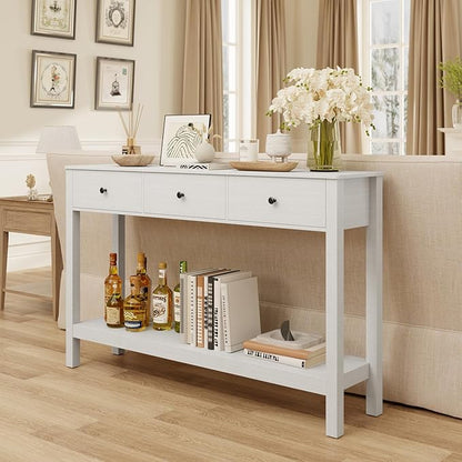 Gizoon Sofa Table with Drawers, Modern Accent Console Table with Open Shelf, Large Storage Space, for Living Room, Front Hall, Entrance Hall, Study Room, White