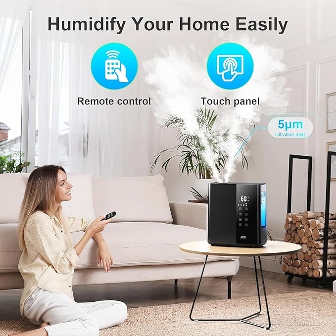 JRD Warm & Cool Mist Humidifiers for Bedroom 5L, Quiet Ultrasonic Air Humidifier Fast Symptom Relief, 50H Runtime, Oil Diffuser, 12H Timer, 7 Color Light for Large Room, Office, Baby, Plants-Black