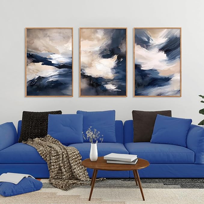 HLNIUC Blue Beige Abstract Wall Art Set of 3(16x24), Navy Brush Stroke Modern Art Decor, Earth Tone Minimalist Shape Framed Painting, Rust Dusty Neutral Prints for Living Room, Bedroom, Office
