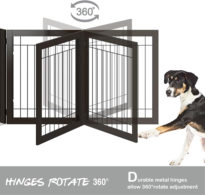 PAWLAND 144-inch Extra Wide 30-inches Tall Dog gate with Door Walk Through, Freestanding Wire Pet Gate for The House, Doorway, Stairs, Pet Puppy Safety Fence, Support Feet Included, Espresso,6 Panels