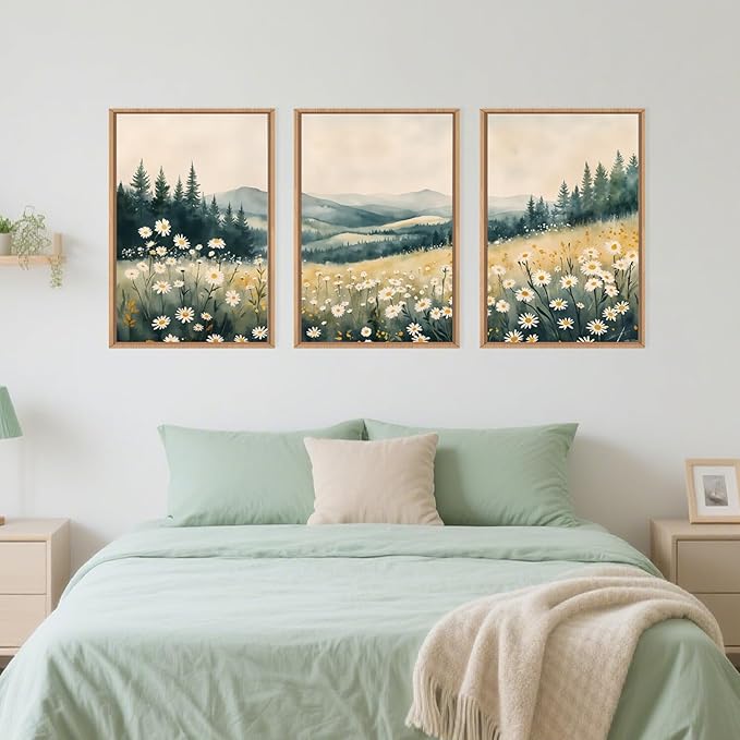 Large Misty Mountain Framed Canvas Wall Art,Nature Daisy Flower Wall Decor,Modern Foggy Forest Wall Painting,Abstract Woodland Landscape Artwork for Living Room,Bedroom,Dining Room-16"x24"x3