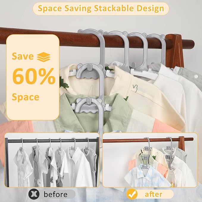 20 Pack Baby Clothes Hangers with 16 Clips, 11-15 inch Adjustable Kid Hanger, Multifunctional Children Hangers for Girl Boy Toddler Kids Child(Grey)