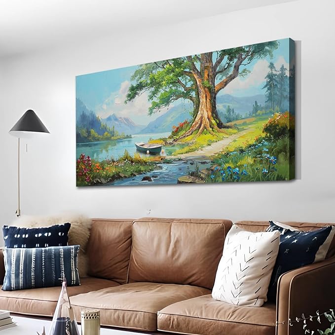 Anolyfi Lake Canvas Wall Art Landscape Painting, Green Tree and Boat Nature Print Wall Art Decor Mountain Artwork Framed for Living Room Bedroom Dining Room Office Home Decor 40"x20"