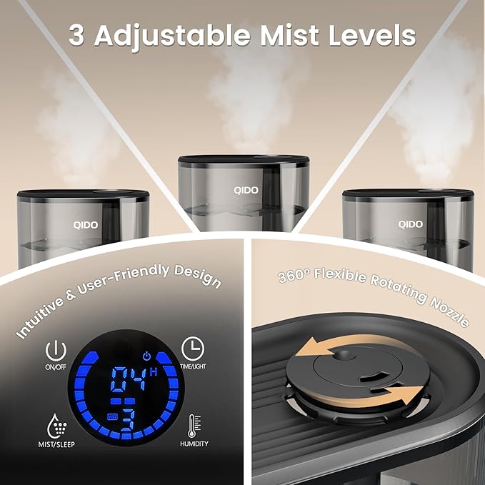 GTPLAYER Smart Humidifiers for Bedroom, 5L Top Fill Supersized Humidifier Essential Oil Diffuser for Baby & Plants, 3 adjustable Mist with 28dB Quiet, Touch/APP/7-color Nightlight, 36H Runtime, Black