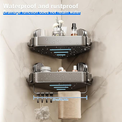 Suction Cup Shower Caddy Corner, 2 Pack Suction Corner Shower Shelves No Drilling, Rustproof Shower Organizer Suction Cup with Towel Holder & Hooks Removable Bathroom Storage Rack(Gray)
