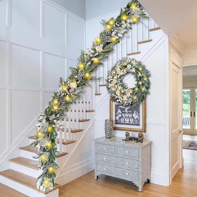 WANNA-CUL Pre-Lit 30 Inch Large Christmas Wreath for Front Door with 50 Led Lights,Silver White Lighted Christmas Door Wreath Decor with White Apples and Berries, Battery Operated