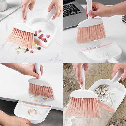 NACENA Small Dust Pan and Brush Set, Mini Broom and Dustpan Set Small Hand Broom and Brush Combo Dust Pan with Teeth for Home Cleaning Drawers Desktop Sofas Pet Care and Outdoor, Pink