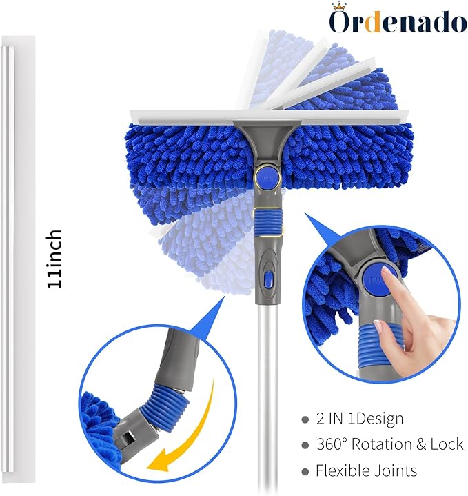 Ordenado 62" Window Squeegee Cleaning Kit, 2 in 1 Window Cleaner Tool with Long Handle, Rotatable High Windows Washing Kit for Home & Outdoor, Detachable Washer Tool Squeegee for Shower Glass, Car