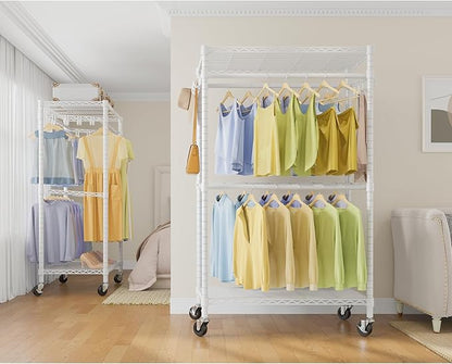 VIPEK R2 Pro Rolling Garment Rack Heavy Duty Clothes Rack with Locking Wheels Adjustable Shelves 2-Sided Hanging Rods Metal Closet Freestanding Clothing Racks, Max load 600lbs, White