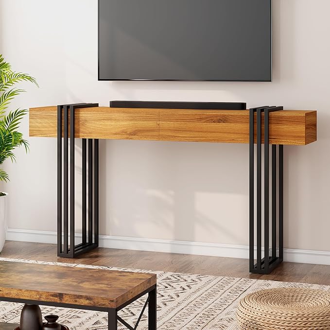 63 Inch Long Console Table, Industrial Sofa Table Behind The Couch Rectangular Entryway Table for Entrance Hallway Living Room, Rustic Brown