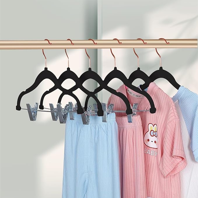 Stormix Baby Hangers - 24 Pack Non-Slip Heavy-Duty Kids Hangers with Clips - Black (Rose Gold Hook) for Shirts, Pants, Skirts, Dresses, Jackets, Coats