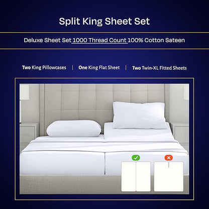 California Design Den Split King Sheets Sets for Adjustable Bed - Luxury 1000 Thread Count Sateen, Thick and Natural 100% Cotton Bed Sheets, Deep Pockets, Soft and Durable Bedding Set - White