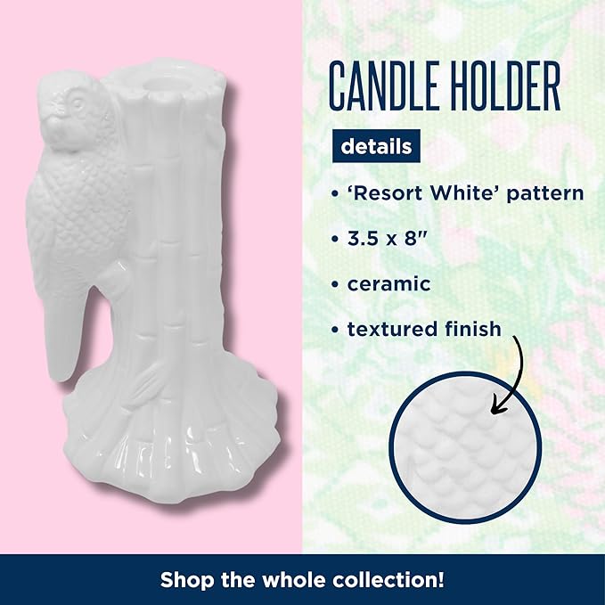 Lilly Pulitzer Taper Candle Holder, Cute Candlestick Holder Decor for Mantle or Centerpiece, Resort White (Parrot)