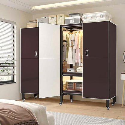 Heavy Duty Clothes Rack with Magnetic Door, Metal Foldable Covered Clothes Rack, Portable Wardrobe Closet System for Hanging Clothes, Rolling Garment Racks for Bedroom (Brown Doors, 66in)