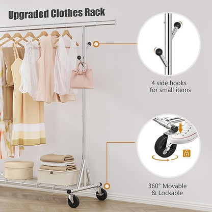 Heavy Duty Clothes Rack Load 530 LBS Metal Clothing Garment Rack Hang 200 pieces of clothing on Wheels Collapsible Rolling Portable & Adjustable with Hook for Hanging Clothes